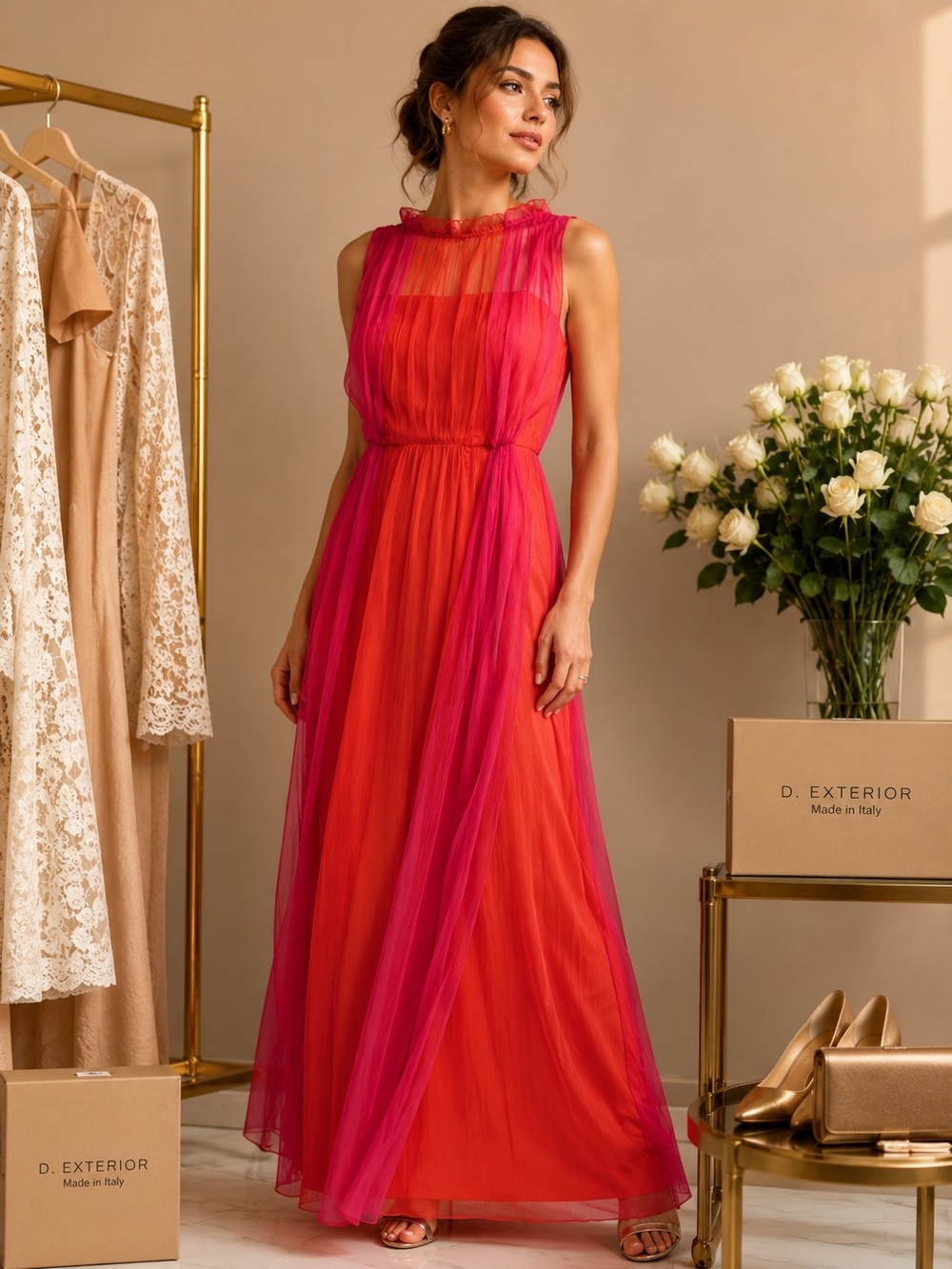 D. EXTERIOR Silk & Tulle Ombré Evening Gown – Made in Italy